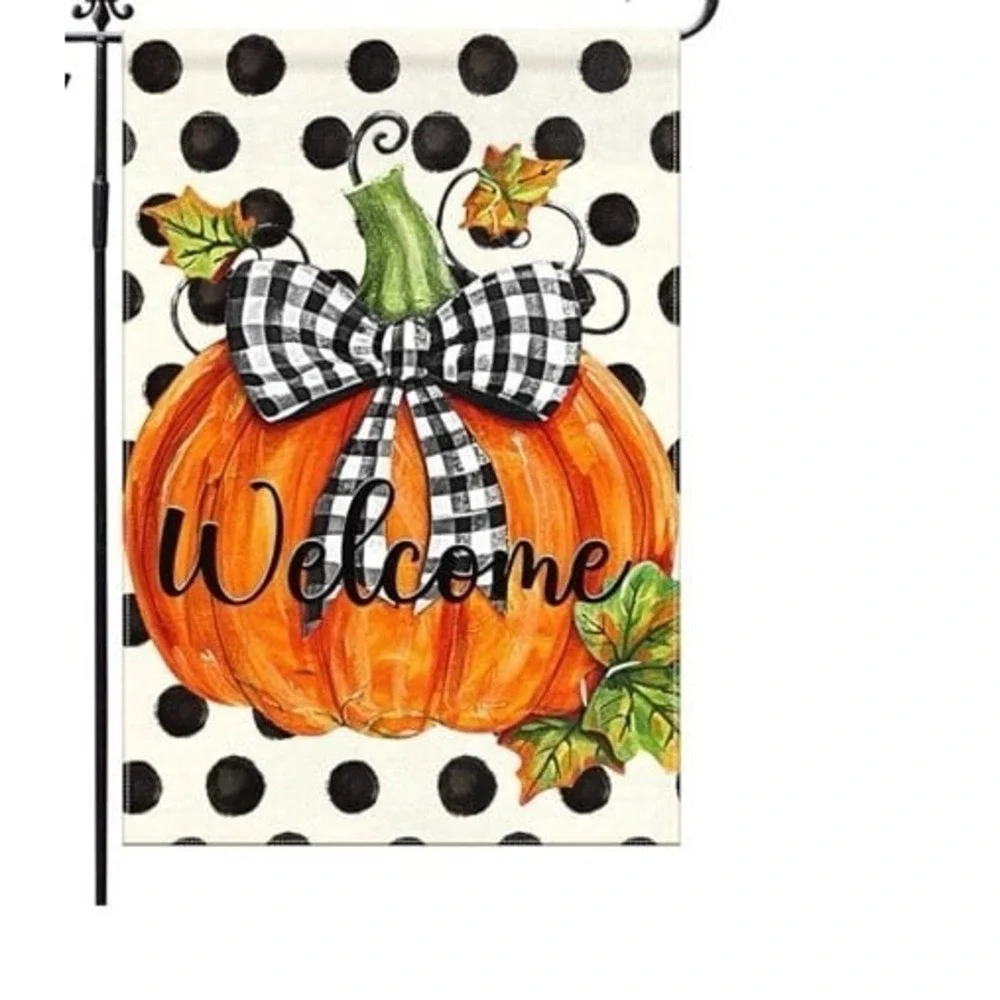 NEW Fall burlap garden flag with pumpkins & black/cream polka dots